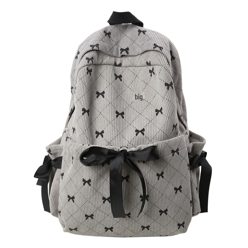 Women's Large Capacity Corduroy Backpack - Stylish, Lightweight, Casual School Bag with Bow for Junior High Students