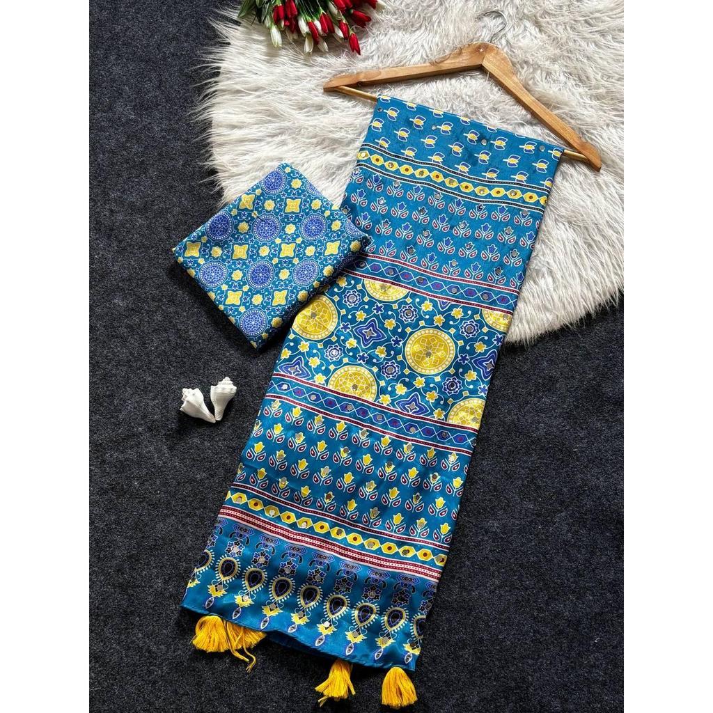 New Top Hot Trending Ajrakh Print Saree