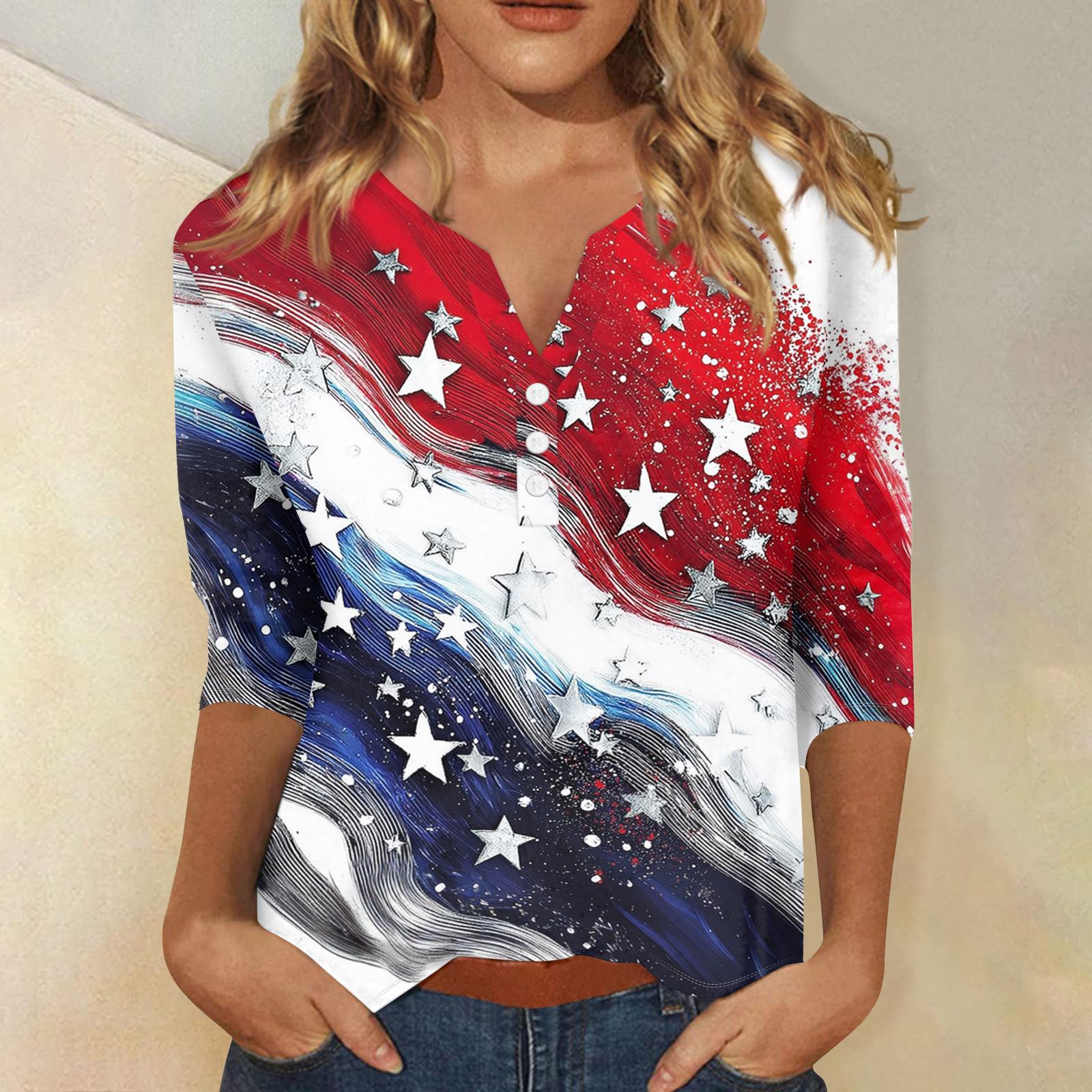 

Women s T Shirt Independence Day Print Button 3/4 Sleeve Daily Weekend Fashion Basic V- Neck Regular Top XL білий
