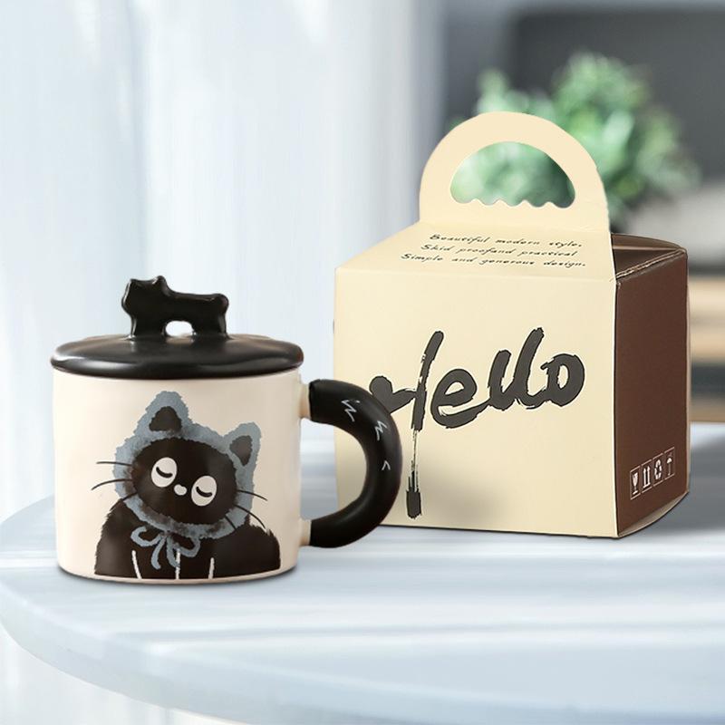 Cute Cat Mug with Lid Couple Ceramic Water Cup for Home Girls High Value Gift Box Cup Office Coffee Cup