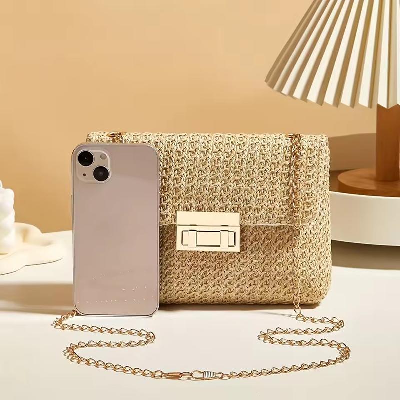Crossbody Bag for Women Chain Strap Summer Beach Straw Flap Handbag Stylish Accessory Shoulder Bag for Day-to-Night Outfits