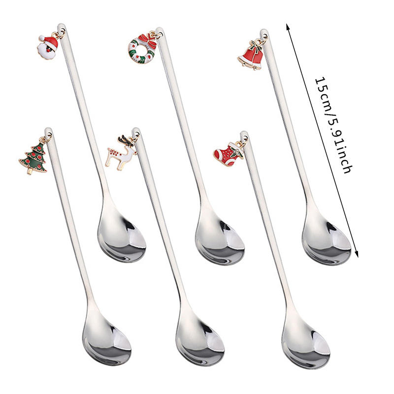 6Pcs Cute Christmas Stainless Steel Spoon Set Kitchen Coffee Dessert Mixing Spoon Xmas Holiday Gift
