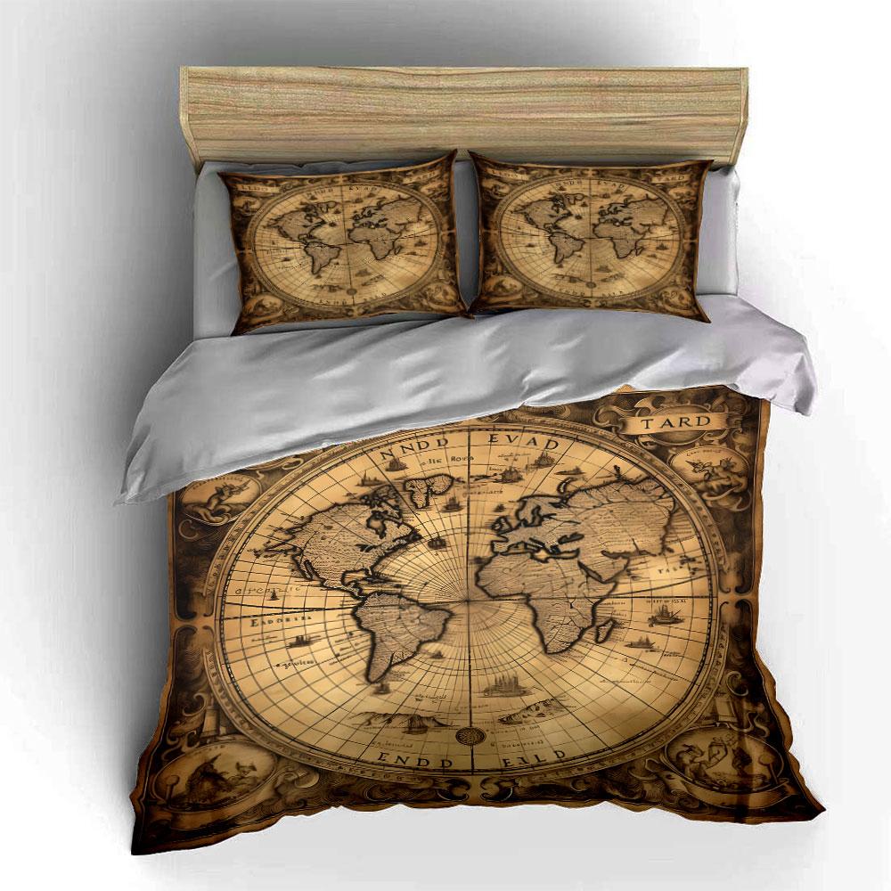 Vintage World Map Decor Set  Kid'S And Adults' Bedroom Decor, Exquisite Three-Piece Bedding Set Gift
