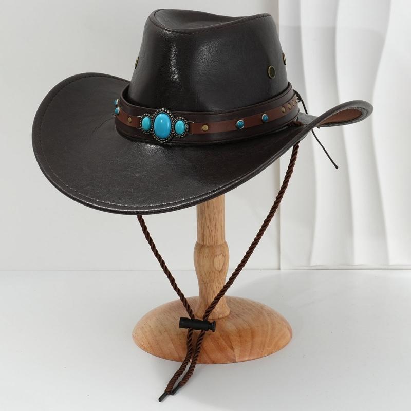 PU Leather Hat Unisex Western Hat Wide Border Hat Sun Protecting Hats Hiking for Western Themed Celebrations