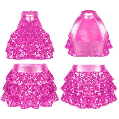 Ensemble de tenue de danse pour fille, haut court sans manches + jupes, vêtements de danse à paillettes, 2 pièces