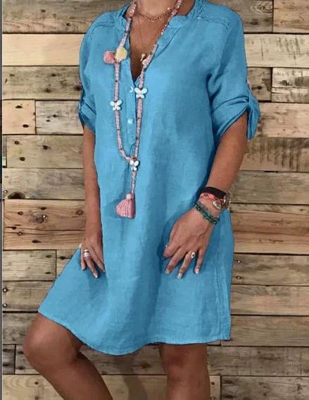 

Женское миди-платье с V-образным вырезом и пуговицами, свободное платье из хлопка и льна 5XL светло-синий