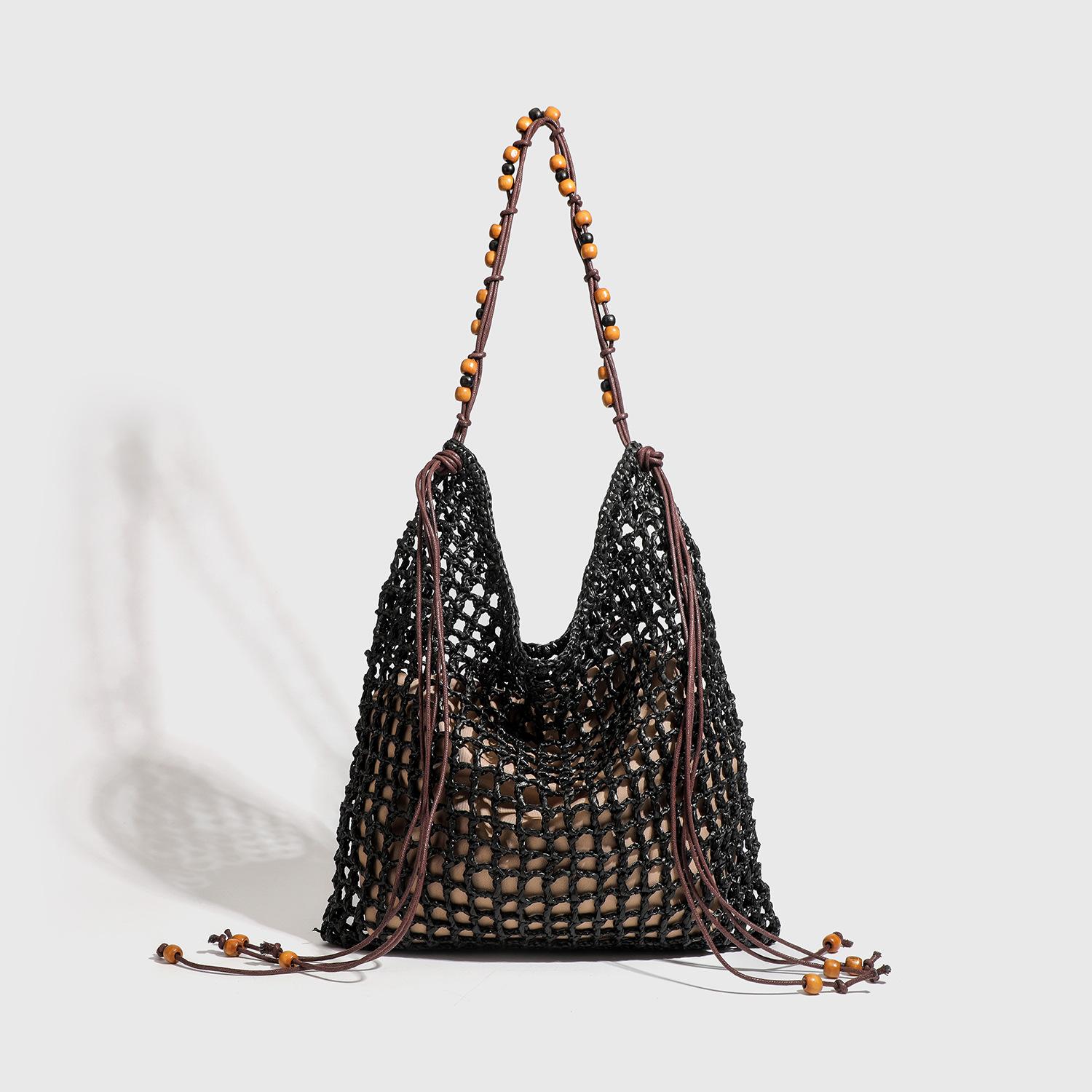 

Women s Bag 2025 New Summer Beaded Woven Beach Tote Bag Large Capacity Hollow Straw Shoulder Bag Wholesale чёрный