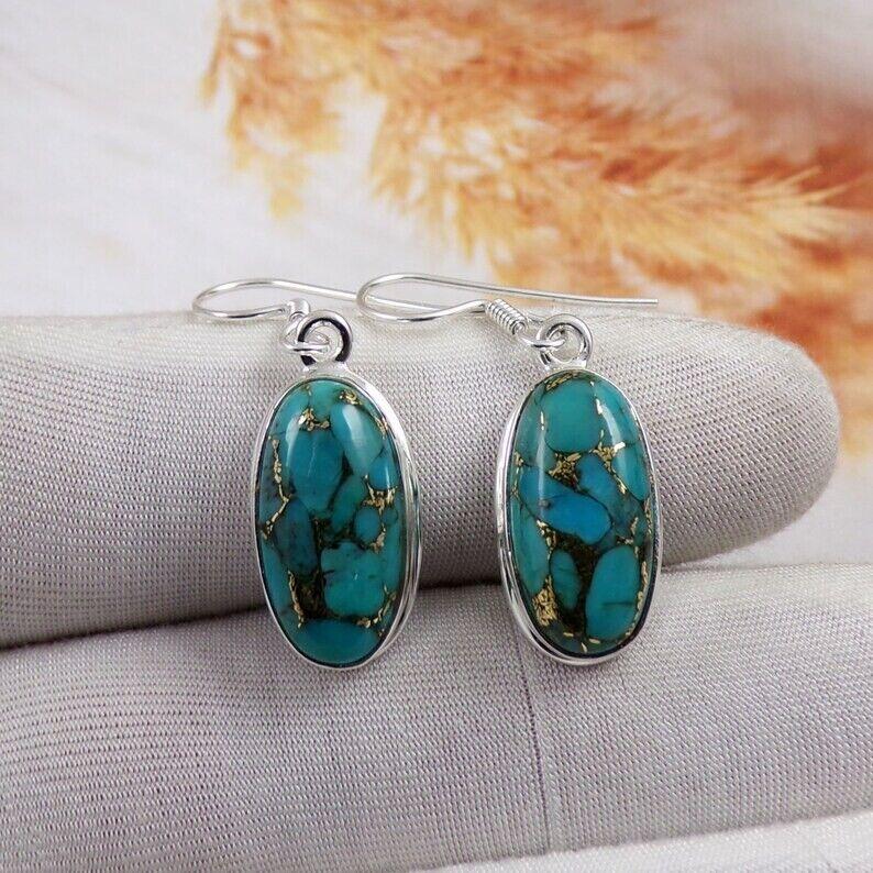 Blue Copper Turquoise Earrings, Ear Wire Earring, Oval Blue Turquoise Earring