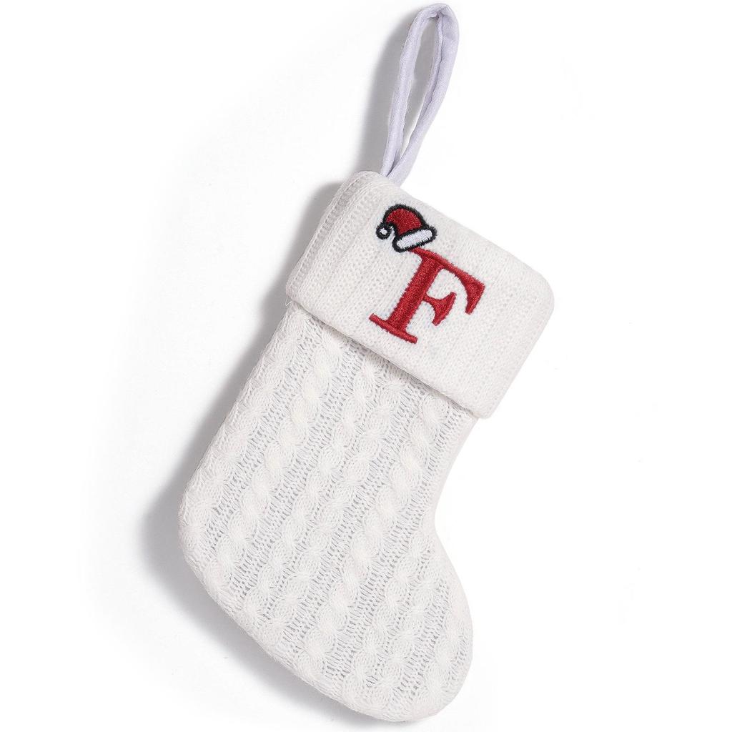 Cross-Border White Knitted Christmas Stocking with Letter Embroidery – Decorative Gift Bag Ornament.