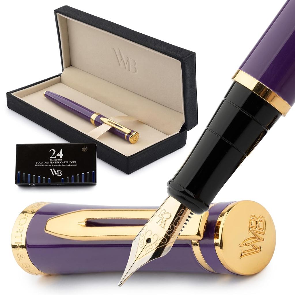 Wordsworth Black Fountain Pen Set Medium Nib 6 Ink Cartridges Refill Converter Gift Case Journaling Calligraphy Smooth Writing Experience Velvet