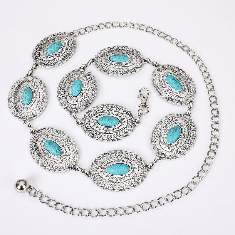 High-end Women's Waist Chain Turquoise Inlaid with Boho Waist Chain Western Style Natural Vacation Waist Chain