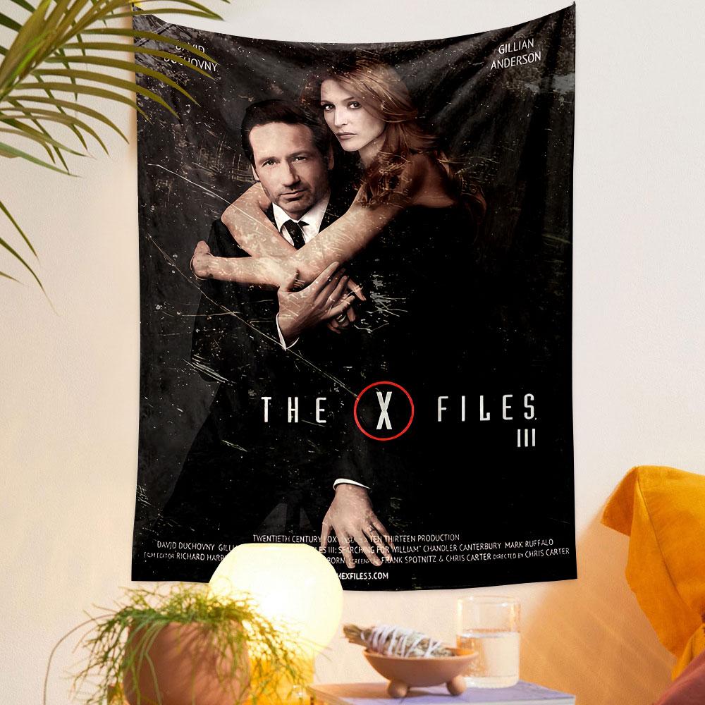 A man and woman in formal attire embracing with "The X-Files III" title. Patterned tapestry for bedroom and living room home decor