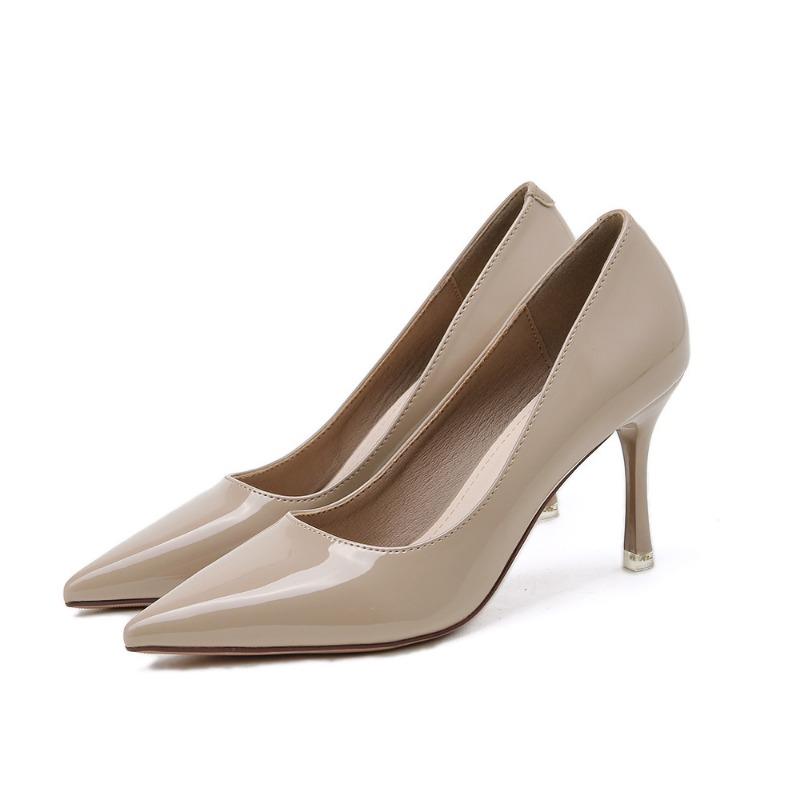 20 shallow patent leather thin heel black high heels single shoes women's shoes pointed solid color design versatile