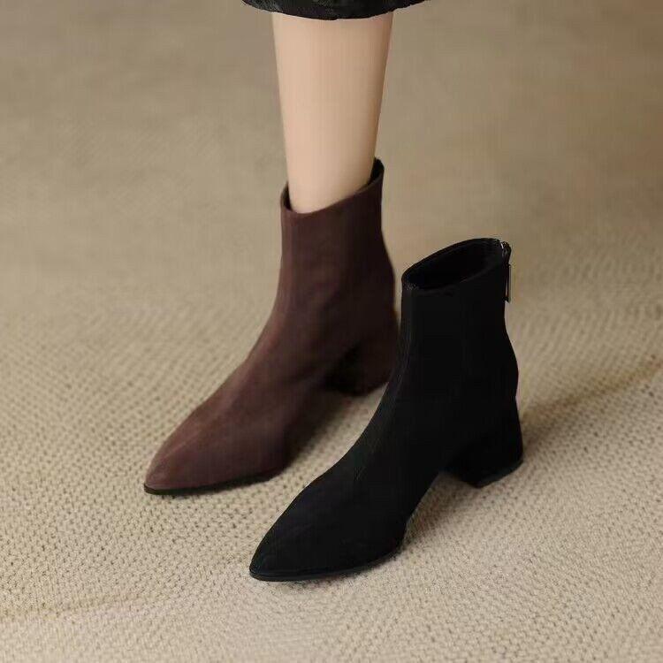 Short Boots Women's Thick Heel 2025 Autumn New Pointed High Heel Ankle Boots Black Velvet Frosted Leather Medium Heel Bare Boots