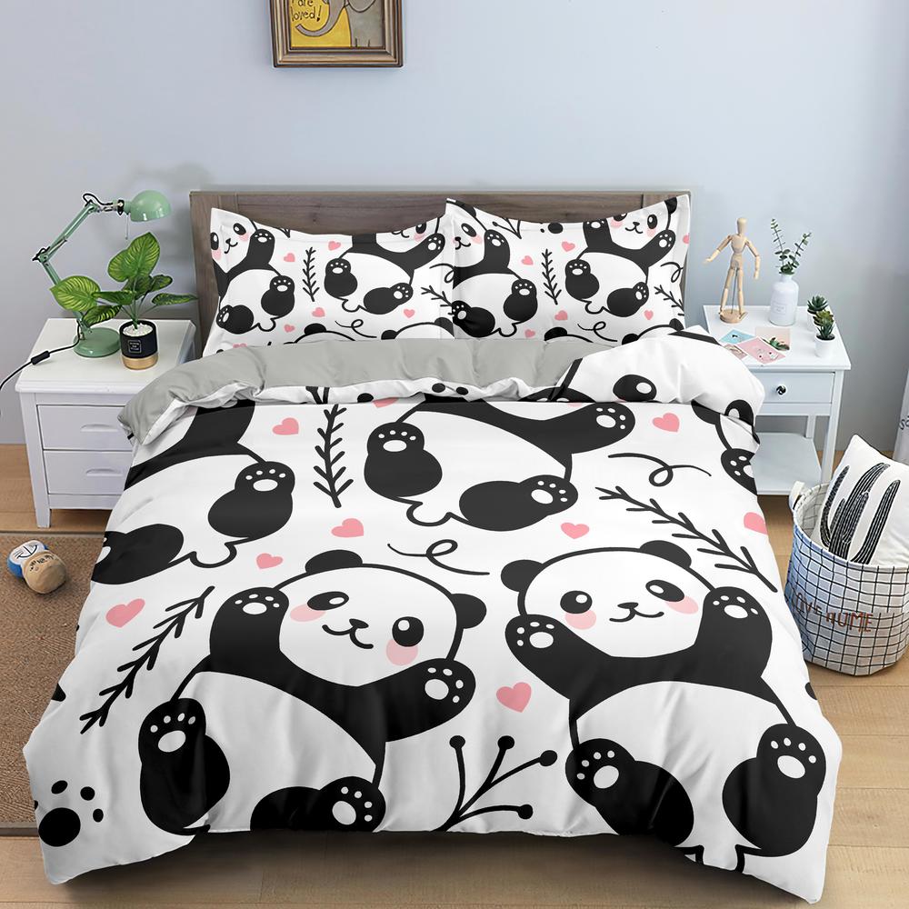 Cartoon Panda Children's Bedding Set For Kids Baby Girls Pink Duvet Cover Set Pillow Case King Size Soft 2/3pcs Twin Quilt Cover
