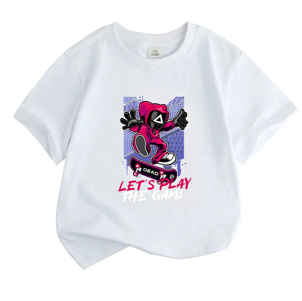Kids Boys Girls 100% Cotton Crew Neck Short Sleeve T-Shirt, Cool Game Mask Character Skateboard Print Casual Tees, Let's Play The Game Pattern Soft Su