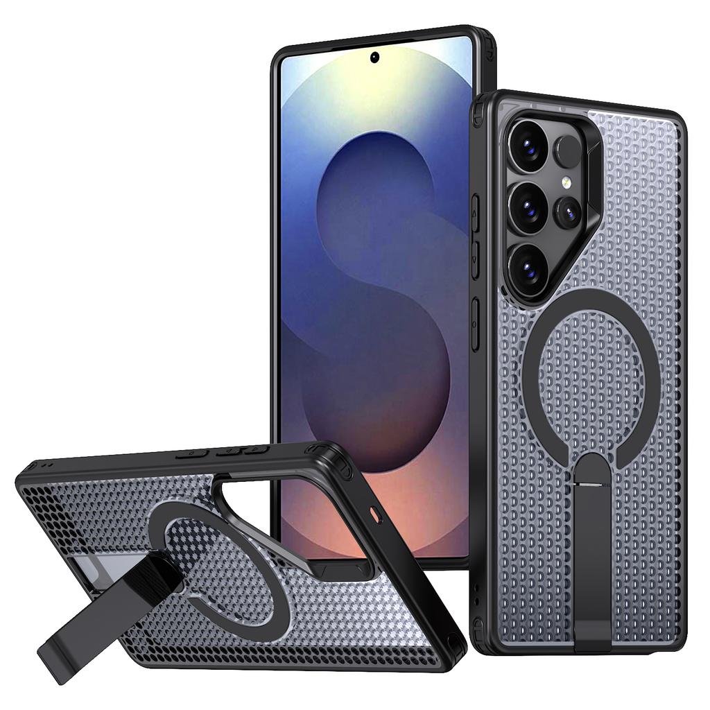 For Samsung Galaxy S26 Ultra Magnetic Case Kickstand Grid Texture TPU PC Phone Back Cover