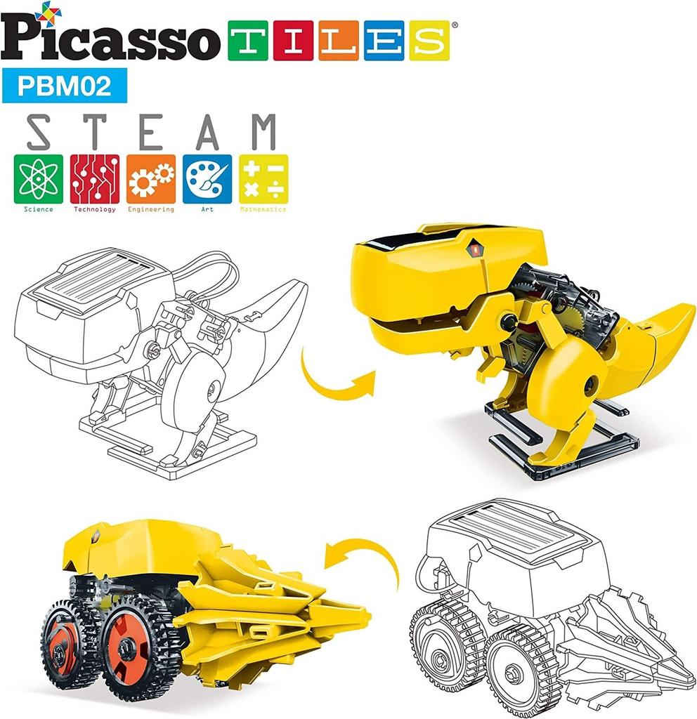 PicassoTiles STEM Kids Solar Power Dinosaur Robot Educational Learning Engineering Building Toy 3 In 1 Creative Unique Transformation Renewable Solar