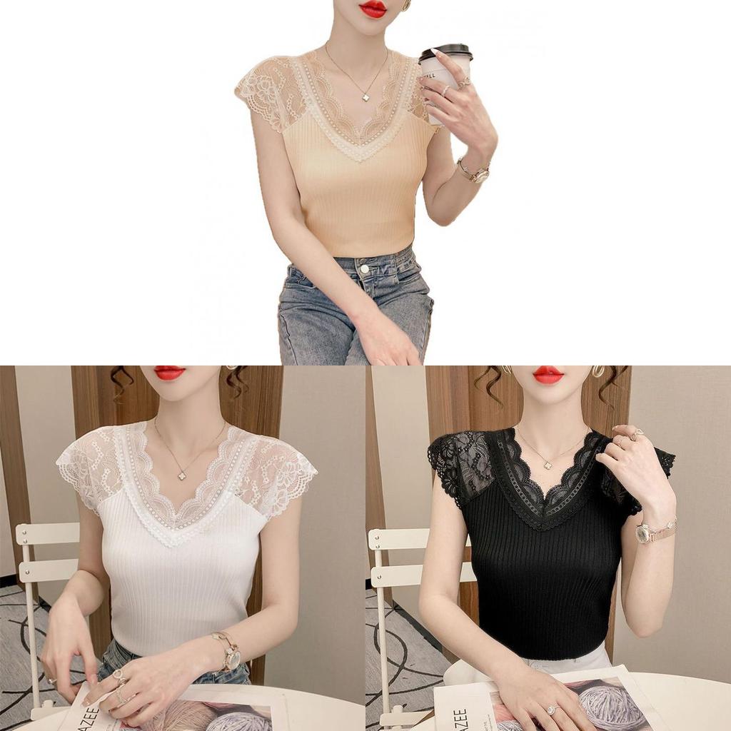 Basic Lace V Neck T Shirt For Women With Short Sleeves And Bodycon Fit For Daily Wear