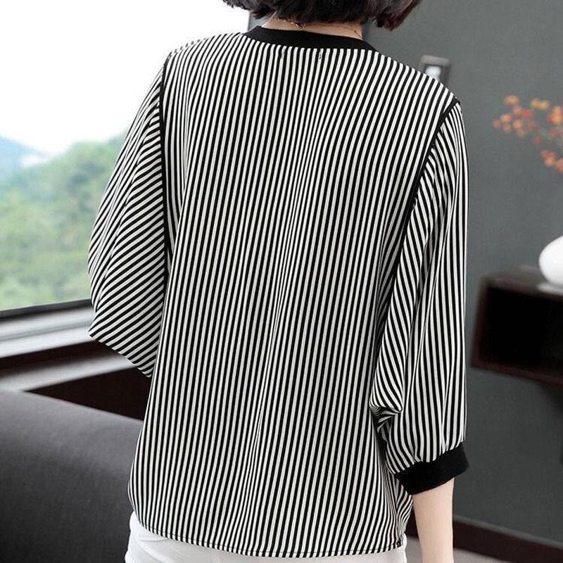 Fashion Striped  T-shirt Women's Clothing Round Neck Commute Spring Summer Casual 3/4 Sleeve Korean Loose Pullovers