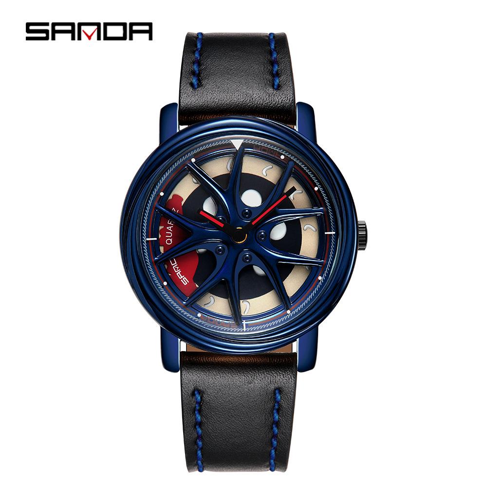Sanda Cool Wheel Men's Skeleton Dial Leather Strap Waterproof Quartz Watch