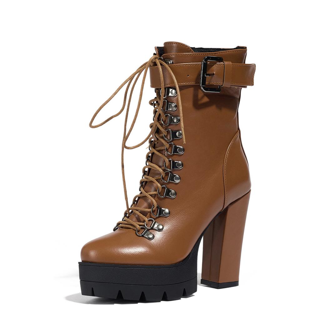 Autumn and winter ebay supply fashion thick-soled high-heeled large-size front lace-up low-tube Martin boots women