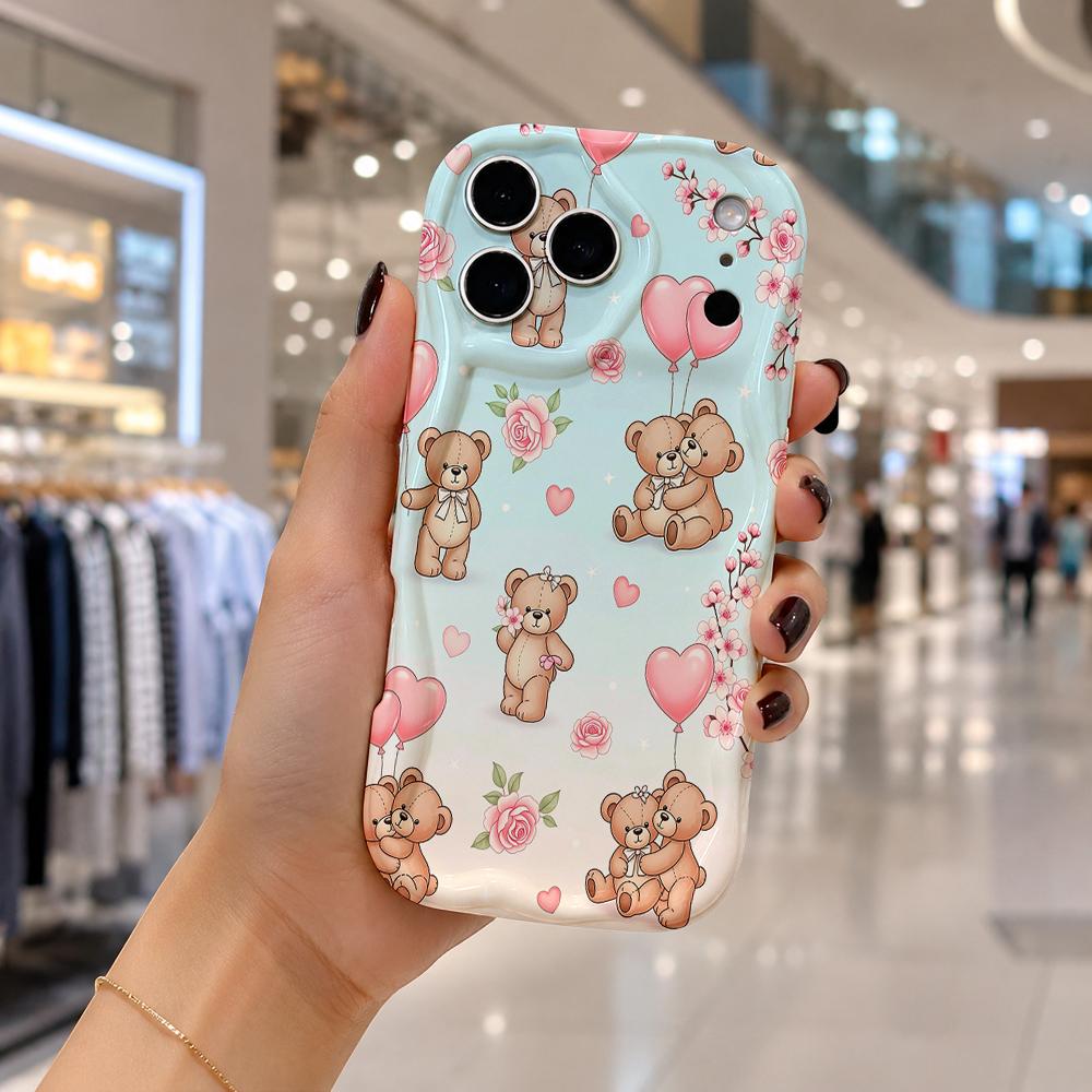 All Over Cartoon Teddy Bear Heart Balloon Wavy Edge Phone Case For iPhone 17 16 15 14 13 12 11 8 7 Plus Pro Max Cute Cover