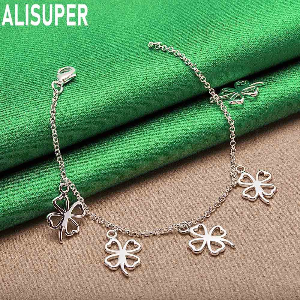 925 Sterling Silver Four-Leaf Clover Side Chain Exquisite Bracelet Gift Jewelry