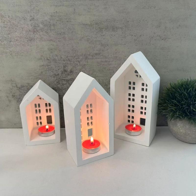 3D Casa Castiçal Silicone Molde DIYs Cimento Gesso Argila Castiçal Resina Ornamentos Moldes Decorações Para Casa