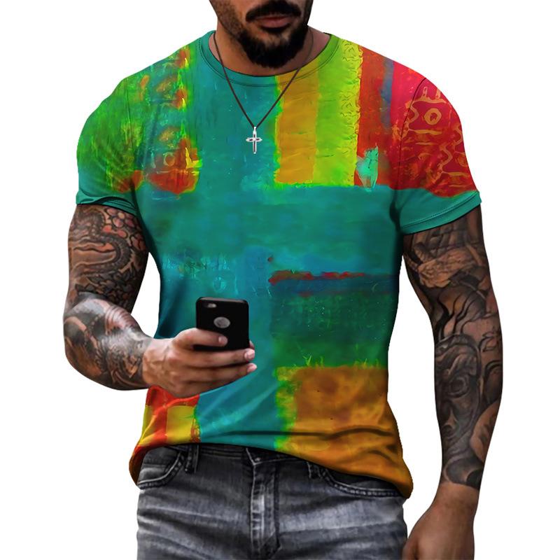 Summer Round Neck 3D Vibrant Ethnic Print Top Fashionable Casual Short Sleeved Men's T-shirts