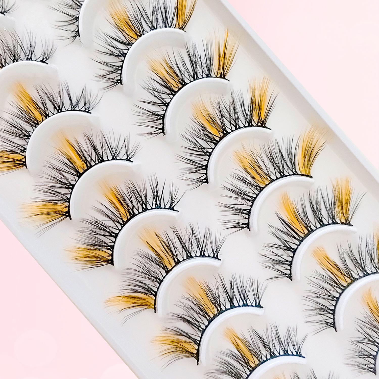 Colored Thick Faux Mink 3D Eyelashes - Realistic False Eyelashes for Upper Eye, European & American Style. A20-2 Yellow, 10 pairs