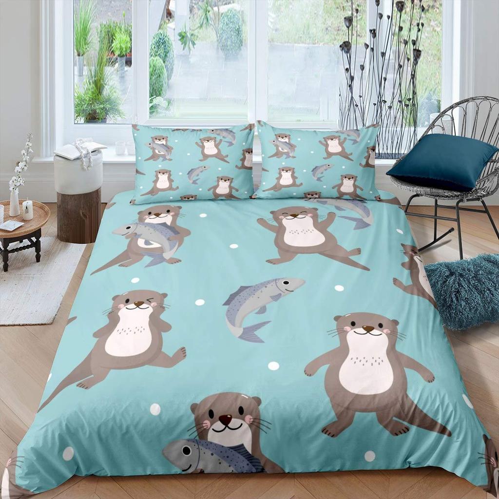 Sea Otter Duvet Cover Set Ocean Creature Otter Toddler Soft Polyester Bedding Set Cute Cartoon Animal Print Comforter Cover Sets