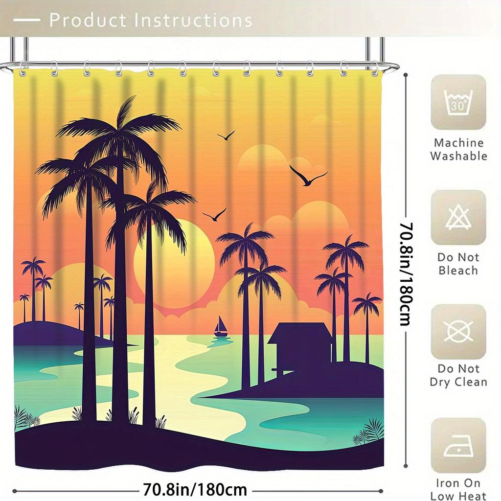 Coconut Tree 4pcs Shower Curtain Bathtub Curtain, Waterproof Bathroom Partition Curtain With 12 Hooks, Non-slip Bath Blanket
