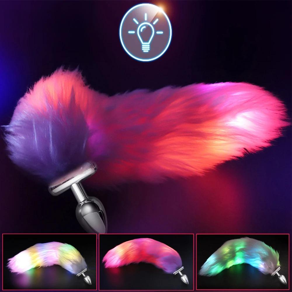 LED Glowing Butt Plug Fox Tail For Woman Man Separable Metal Anal Plug with Tail Luminous Cosplay Sex Anal Toys for Couples