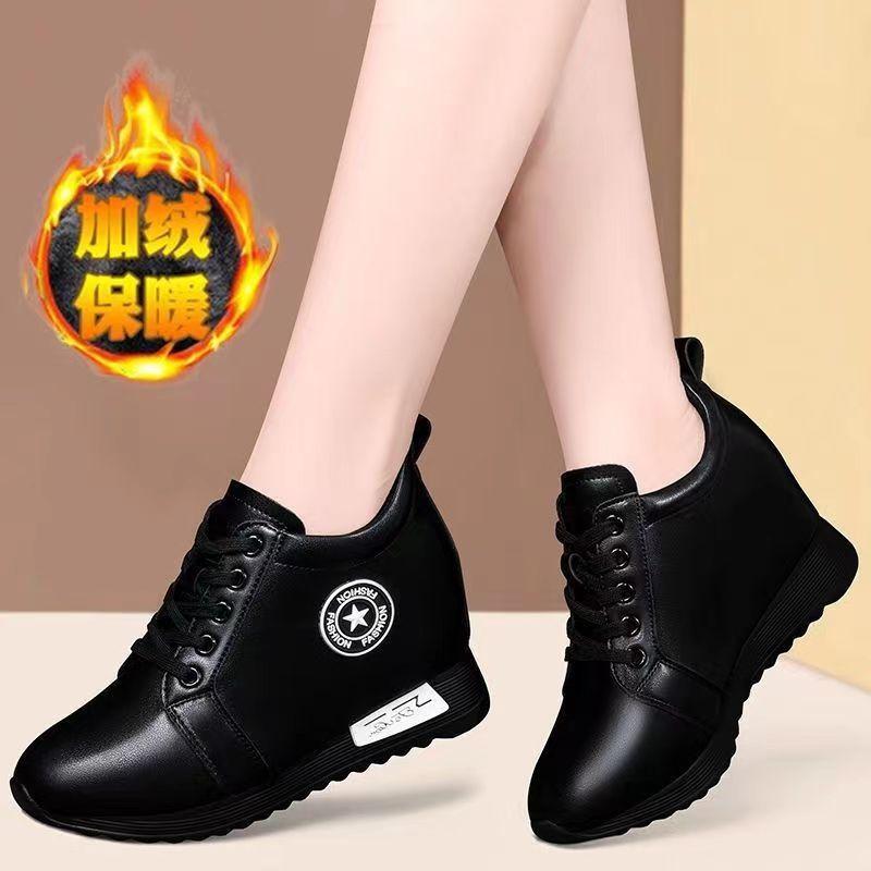 Women Leather Platform Sneakers Waterproof Wedges Vulcanized Shoes Lace-up Sneakers Comfortable Round Toe Non-slip Casual Shoes