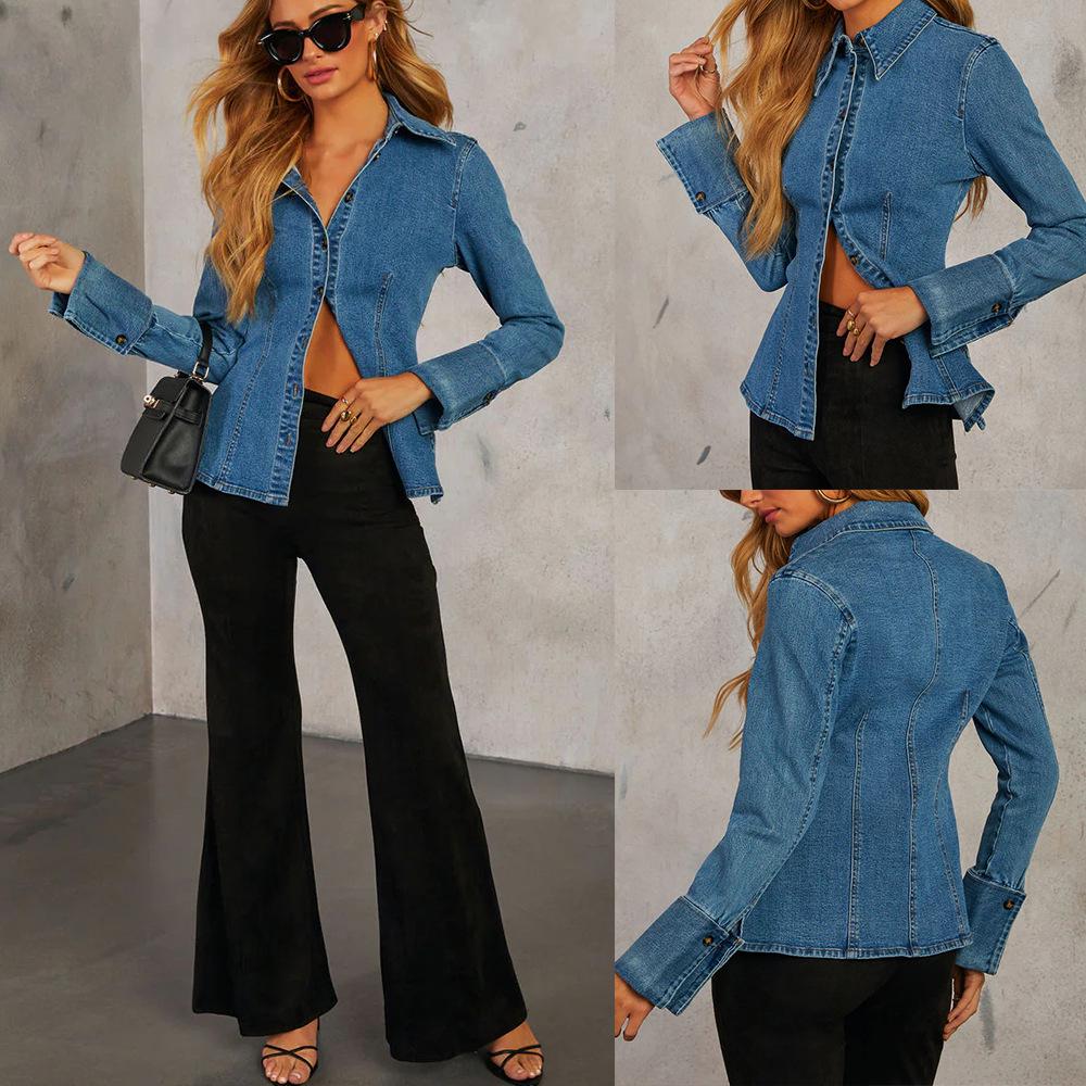 Women's European-American Denim Shirt - Autumn Casual, Lapel, Single-Breasted, Long Sleeve