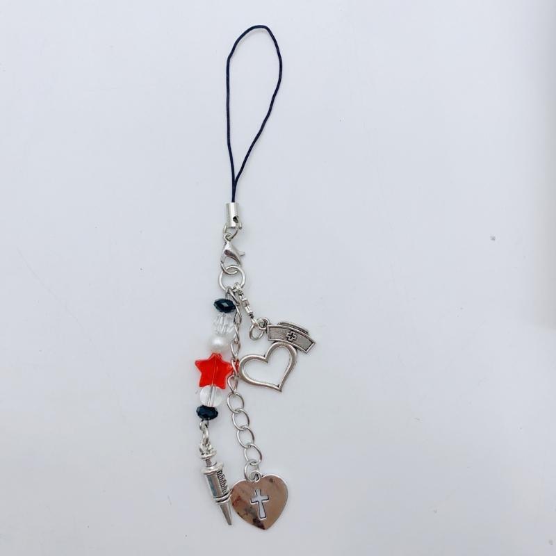 Shell Fish Tail/Bass/Heart Needle Keyring Phone Charm Detachable Phone Lanyard Beaded Keychain Jewelry for Wallet