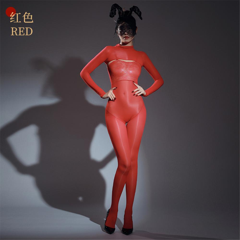 Sexy Women Patchwork Yoga Bodysuit Oil Glossy Shiny Open Crotch Shaping Tights Sheer See Through Cosplay Maid Leotard