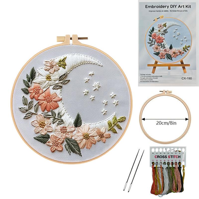 

Moon with Flower Bee with Wreath Embroidery Kit with En Instructions Thread Stamped Cloth with Pattern Holiday Gift Floral Moon
