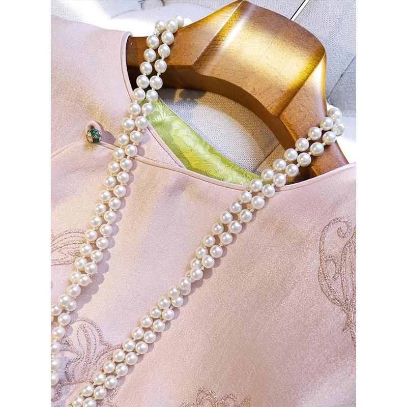 Spring Autumn Women High Quality Vintage Chinese Style Embroidery Shirts Elegant Chic Sweet Pink Blouses Long Sleeve Loose Tops