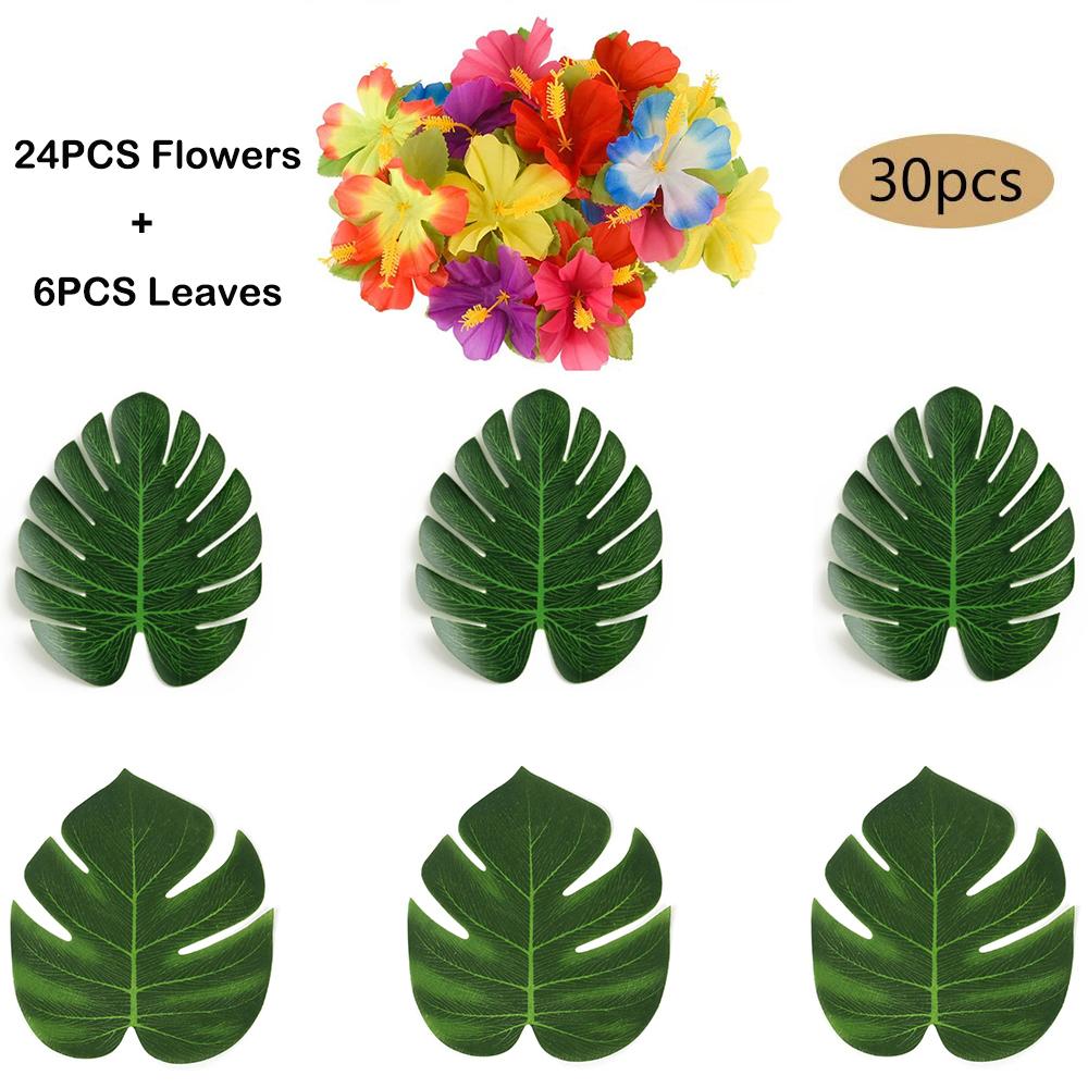 Tropical Monstera Palm Leaves Hibiscus Flower Hawaiian Luau Leaves Tropical Party Jungle Beach Table Decoration Wedding Birthday
