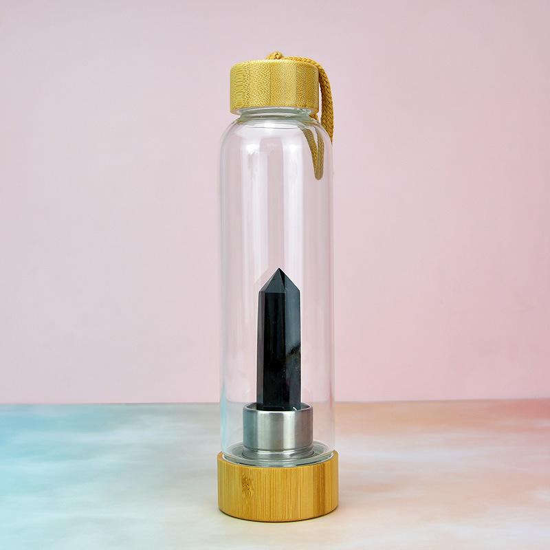 Crystal Stone Energy Pillar Glass Water Cup Bamboo Cap Natural Crystal Set Glass Cup