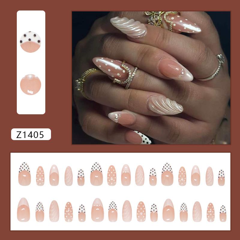 Pink Polka Dot Press On Nails Medium Almond Sweet French For Ladies 30pcs Strip & Box