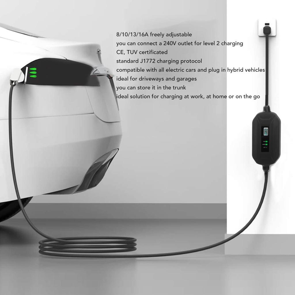 Electric Vehicle EV Charger Adjustable for Home Car Includes SAE J 1772 Fast Charging Cable Cable, 100-240V, 16A, Current, 50/60Hz, Charging,