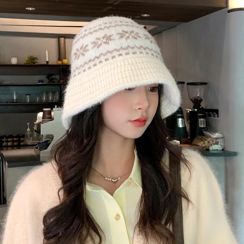 Fleece Thermal Hat Autumn and Winter Hat Women's Retro Bucket Hat Jacquard Knitted Wool Hat