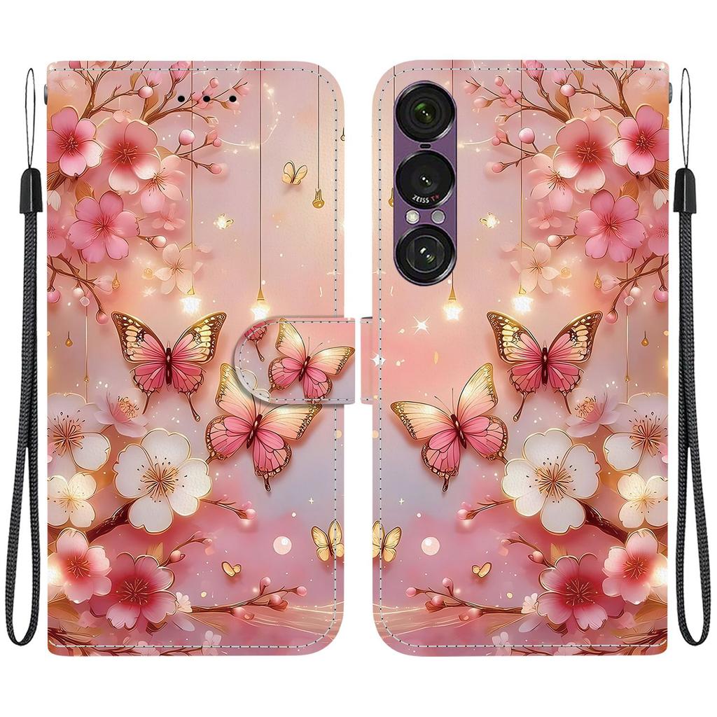 Handmade PU Leather Flip Case for Sony Xperia 1 VII Anti-Slip Shockproof Cover with Wrist Strap & Heart/Rose Cat Designs