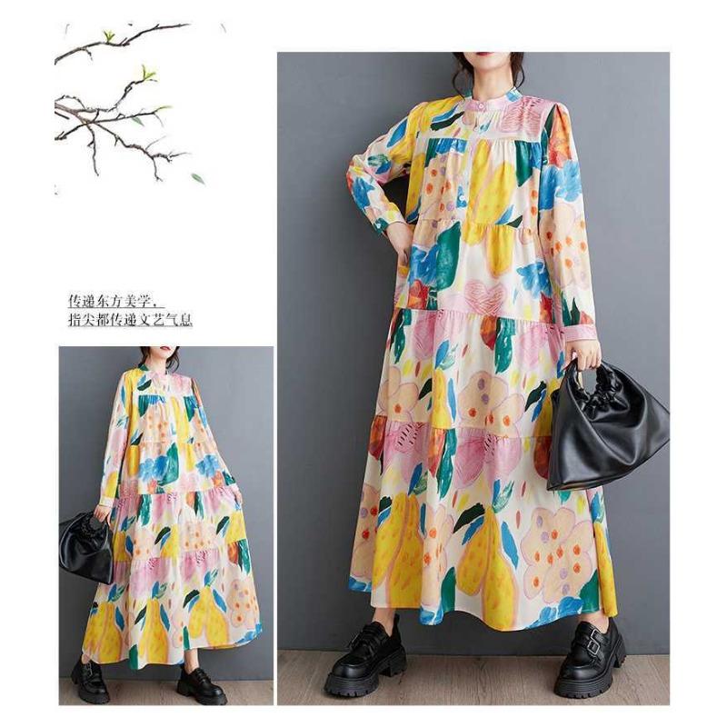 New Large Size Loose Thin Fashion Long-sleeved Printed Mid-length Dresses