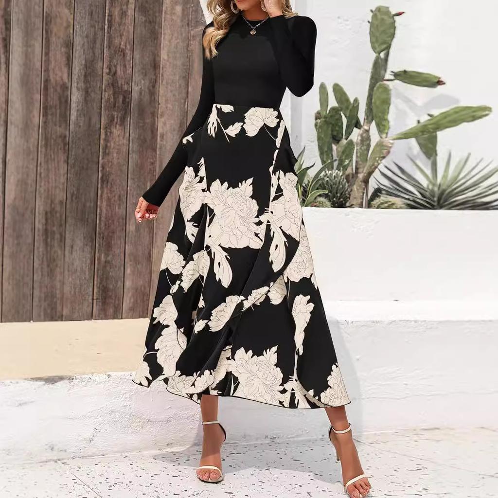Autumn Women's Dress Fashion Splicing Floral Long Dress Round Neck Long Sleeve Ruffle Dresses