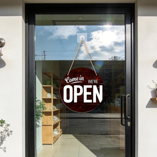 Pine Wood Double-Sided Reversible Hanging Sign, Business Open Closed Sign, Holiday Decor with Rope Hanging No Drill for Office Home Use