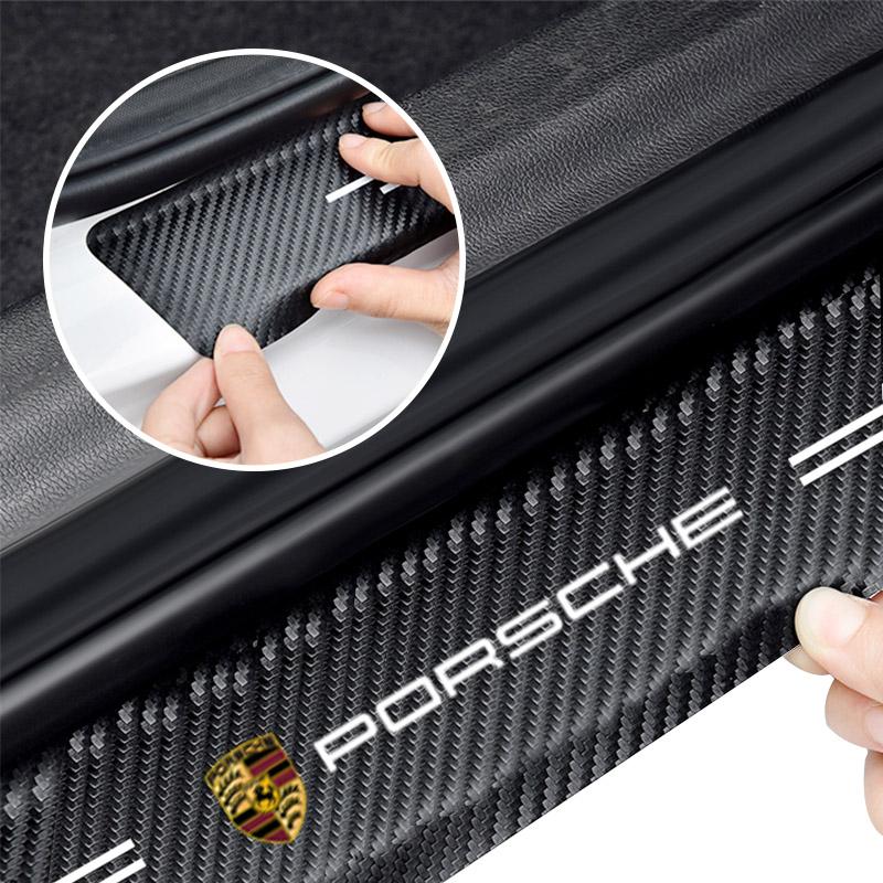4Pcs Car Door Plate Carbon Fiber Threshold Protector Sticker Decals For Porsche Boxster Cayenne Panamera Macan Cayman 911 918 996 917